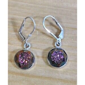 Round DRUZY Druse Drusy Quartz Earrings 925 STERLING SILVER Leverback 1" 4g